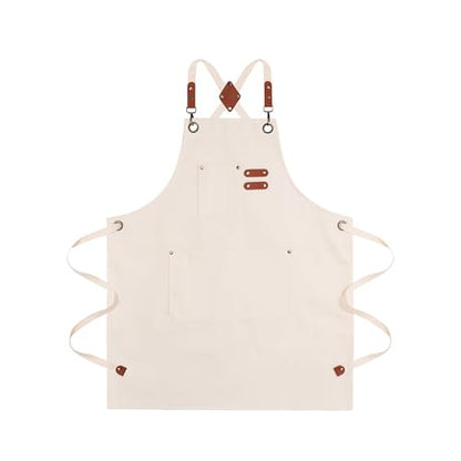 Chef Aprons for Men Canvas Apron with Large Pockets and Adjustable Neck Strap for Cooking,BBQ, Gardening - color: Cream