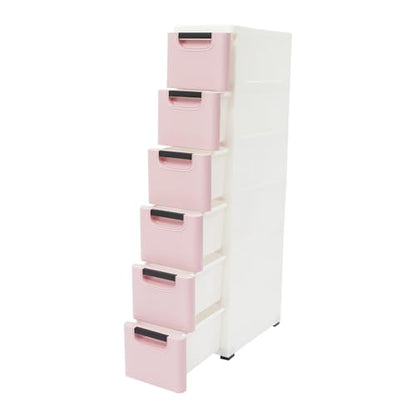 6 Drawers Plastic Storage Cabinet, Mobile Slim Utility Cart on Wheels, for Narrow Space Office Classroom Bedroom Bathroom (Pink) - color: Pink