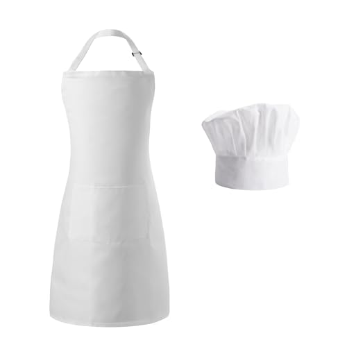 Tosewever Chef Apron Hat Set for Women and Men, Adjustable Bib Apron with 2 Pockets Costume Apron for Father Kitchen Cooking - color: White