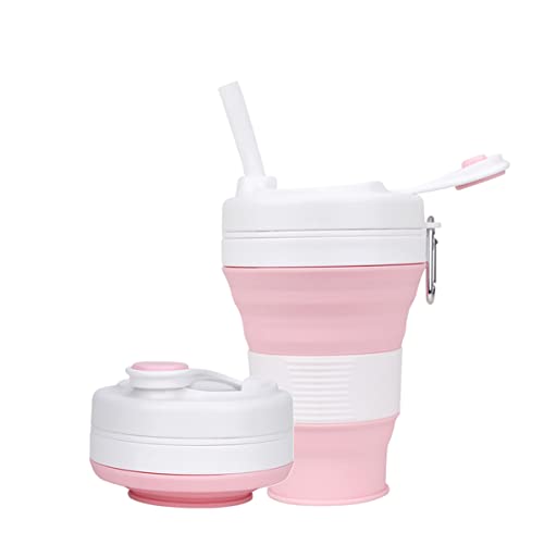 Silicone Coffee Cup with Straw lid Collapsible Cups for Traveling 20oz Lightweight Folding Water Mug for Picnic Hicking Camping Climbing - color: Pink