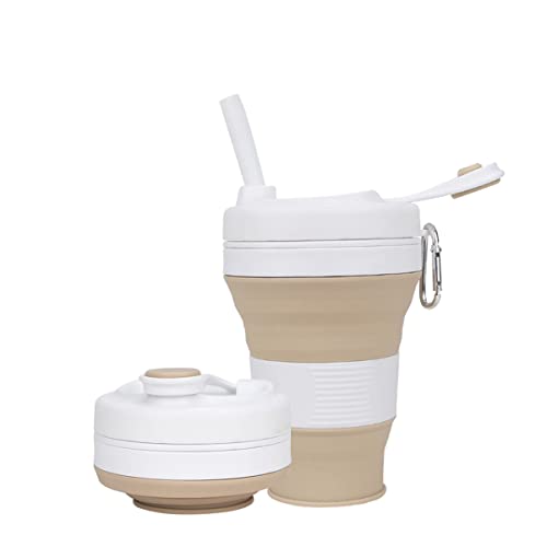 Silicone Coffee Cup with Straw lid Collapsible Cups for Traveling 20oz Lightweight Folding Water Mug for Picnic Hicking Camping Climbing - color: Khaki