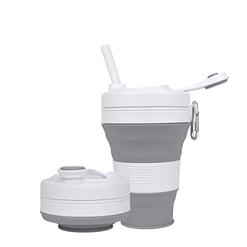 Silicone Coffee Cup with Straw lid Collapsible Cups for Traveling 20oz Lightweight Folding Water Mug for Picnic Hicking Camping Climbing - color: Gray