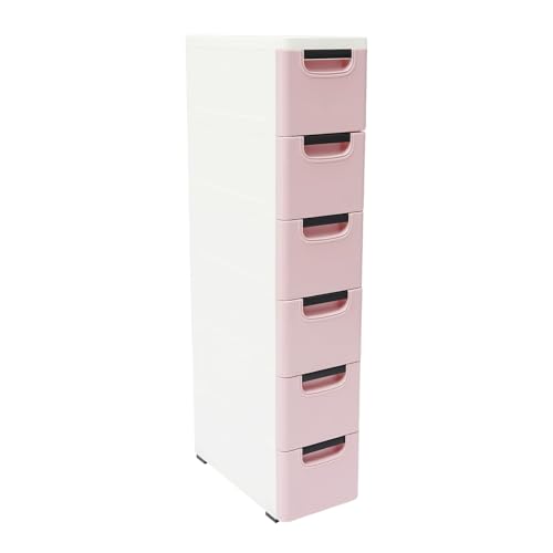 6 Drawers Plastic Storage Cabinet, Mobile Slim Utility Cart on Wheels, for Narrow Space Office Classroom Bedroom Bathroom (Pink) - color: Pink