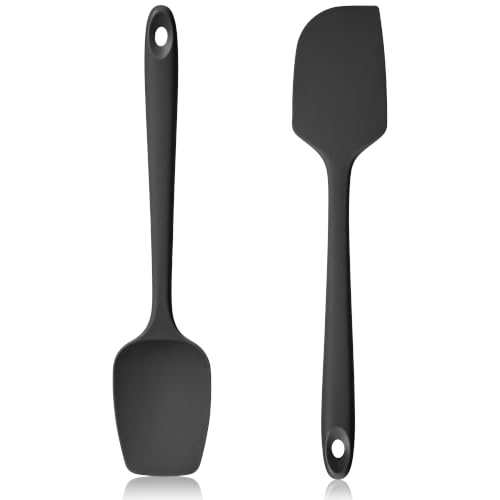 600ºF Heat Resistant Silicone Spatula Spoonula Set of 2, Black | High Heat Food Safe Kitchen Use Scraper for Cooking Baking Mixing Scraping Stirring Cake Nonstick Cookware Pan Bowl - color: Black, size: Large/Spoon Spatula - 2pcs