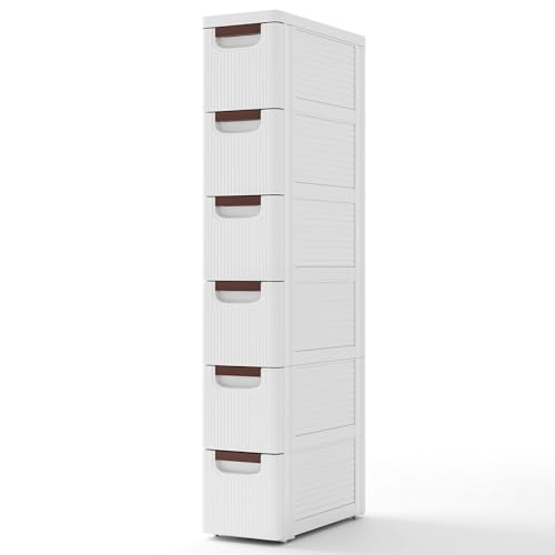 Giantex 6 Drawers Storage Cart, Narrow Plastic Dresser, Rolling Organizer Cart for Office Classroom Bedroom Bathroom Art Craft Supplies, Mobile Slim Utility Cart on Wheels (7.5"x16.5"x43") - color: White, size: 7.5"x16.5"x43" (6 Drawer)