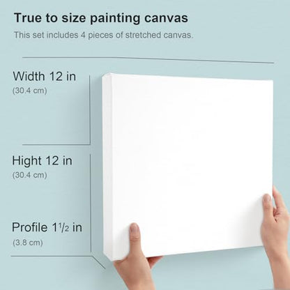 AUREUO 12x12 Inch Gallery Wrapped Canvas - 1.5 Inch Depth 4 Pack - 10 Oz Triple Gesso Primed 100% Cotton Square White Artist Canvases for Acrylic & Oil Paints - size: 12"x12" Gallery