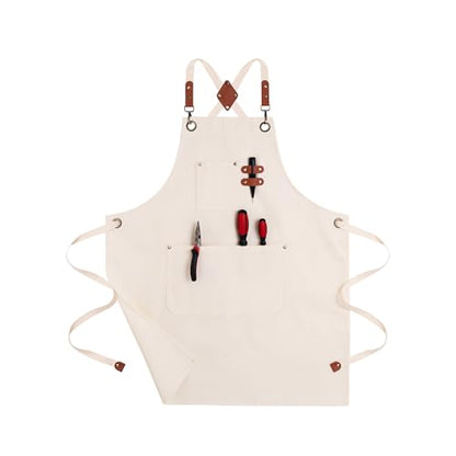 Chef Aprons for Men Canvas Apron with Large Pockets and Adjustable Neck Strap for Cooking,BBQ, Gardening - color: Cream