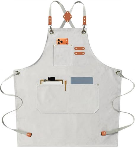 Chef Aprons for Men Women with Oversized Pockets, 16-Ounce Cotton Canvas Cross Back Heavy Duty Work Apron (Beige) - color: Beige