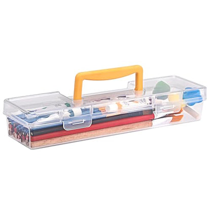 BTSKY 1 Pack Clear Plastic Painting Brush Container with Yellow Handle, Portable Long Paintbrush Case, Drawing Tools Storage Box, Practical Art Supply Organizer for Artist Crafters, 13.1"x3.7"x2.4"