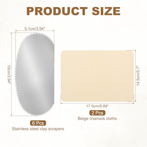 YOKIVE 6Pcs Steel Pottery Tools, Serrated Scraper Clay Ribs 3.94" x 2" Stainless Steel Sculpture Modeling Cutter Ceramic Tools with 2 Beige Chamois Cloth - color: Beige Chamois Cloth, size: 3.94" x 2"