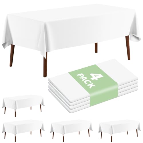 4 Pack Plastic Tablecloth 54" x 108"Disposable White Tablecloth Rectangle Plastic Table Cover for 6 to 8 Foot Tables Indoor or Outdoor Parties Birthdays Weddings Christmas - color: White