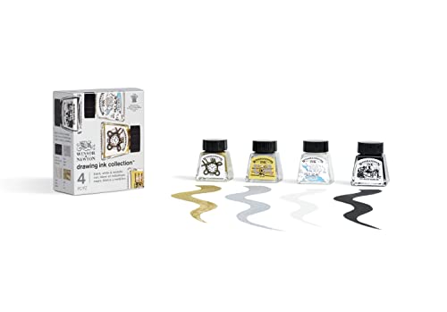 Winsor & Newton Drawing Ink Set, Set of 4, Black, White, Metallic Tones - style: Metallic Tones