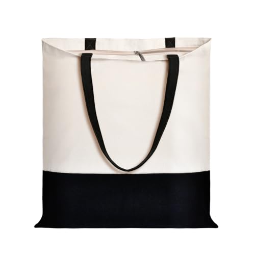 Canvas Tote Bag with Zipper for Women, Halloween Trick or Treat Bags Bulk | 13.8" x 15.3" Fashionable Two-Tone Cotton Tote Bag for Crafts, DIY Your Creative Designs - color: [A1] Beige / Black