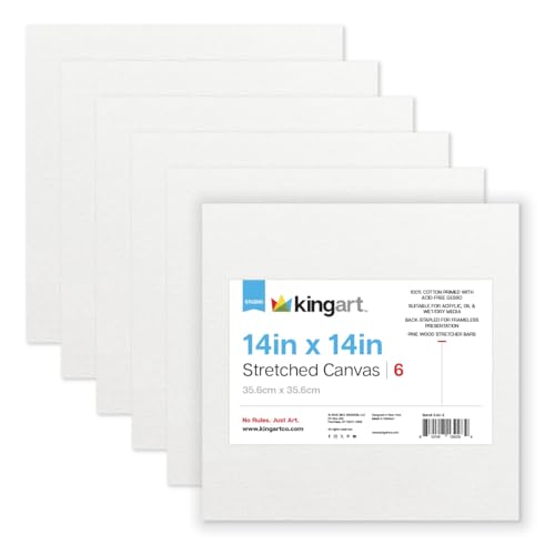 KINGART 840-6 Stretched White Canvas for Painting, 14 x 14 Inch, Pack of 6 | 100% Cotton Canvas, Triple Primed Acid-Free Gesso, Ready to Paint, Back-Stapled, Pine Bars - size: 14 x 14 Inch
