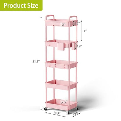 Sorgion 5 Tier Rolling Cart Organizer,Bathroom Cart Organizers with Wheels Laundry Room Organization Mobile Shelving Unit Utility Cart Storage Shelves Multi-Functional for Office, Home(Pink) - size: 5Tier-Pink
