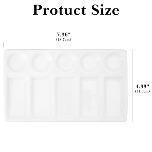 LUWOO 5-Grid, 5-Hole White Ceramic Paint Palettes Mixing Tray 7.3" x 4.3", Artist Watercolor Tray for Gouache, Tempera, Acrylic, Oil Painting