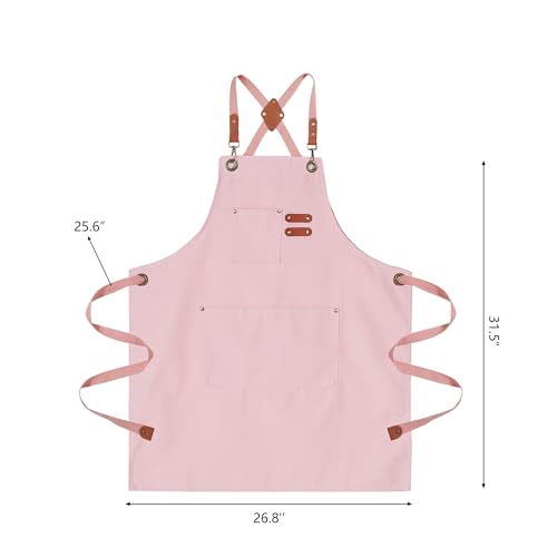 Chef Aprons for Men Canvas Apron with Large Pockets and Adjustable Neck Strap for Cooking,BBQ, Gardening - color: Pink