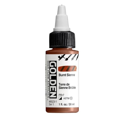 GOLDEN High Flow Acrylics, Burnt Sienna, 1 fl. oz. Bottle | Artist grade paint blending the strength of acrylic and versatility of ink for spraying, drawing, staining and mixed media. - color: Burnt Sienna