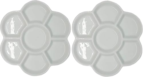 2Pcs White Porcelain Watercolor Palette - Washable Ceramic Paint Tray with Non-Stick Surface | Professional Artist-Grade Mixing Palette for Studio and Outdoor Painting