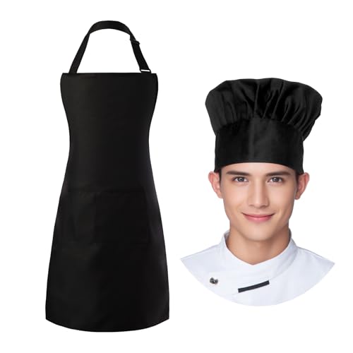 Tosewever Chef Apron Hat Set for Women and Men, Adjustable Bib Apron with 2 Pockets Costume Apron for Father Kitchen Cooking - color: Black