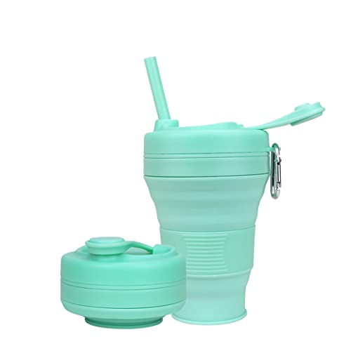 Silicone Coffee Cup with Straw lid Collapsible Cups for Traveling 20oz Lightweight Folding Water Mug for Picnic Hicking Camping Climbing - color: Green