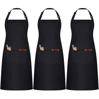 3 Pack Black White Chef Apron, Adjustable Kitchen Apron with 3 Pocket for Men Women Waitress Waiter Serve (Polycotton) - color: Black