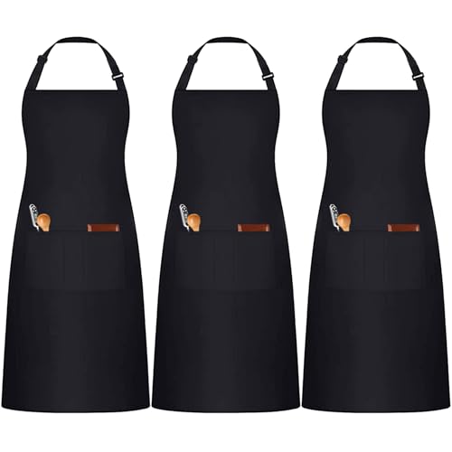 3 Pack Black White Chef Apron, Adjustable Kitchen Apron with 3 Pocket for Men Women Waitress Waiter Serve (Polycotton) - color: Black