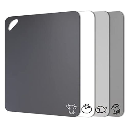 Fotouzy Plastic Cutting Boards with Food Icons, Set of 4, Flexible Cutting Mats with Hole, BPA-Free, Non-Slip and Dishwasher Safe, Modern Neutral Colors - color: Gray