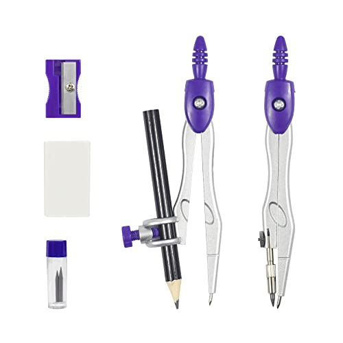 Vobou 10 pcs Math Geometry Set Student Supplies,Compass Kit Set (Purple） | Shatterproof Storage Box,Rulers,Protractor,Compass,Eraser,Pencil Sharpener,Lead Refills,Pencil,for School and Drawing - color: Purple