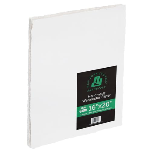 New York Central Handmade Watercolor Paper - 300lb, 16"X20" - 1 Pack of 5 Sheets, Acid-Free 100% Cotton Rag, Cold Press, 4 Deckled Edges, Minimally Sized, Mixed Media Paper for Charcoal & Pastels - size: 16X20"