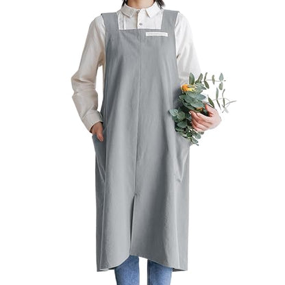 Cotton Aprons for Women and Men | Cross-Back Apron with Pockets - color: Grey