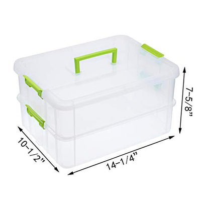 JUXYES 2-Tiers Plastic Stack Carry Storage Containers Box wih Handle Lids - color: Green
