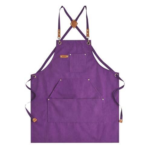 Aoomzoon Canvas Aprons for Men Chef Apron, Work Apron with Large Pockets - 16oz Heavy Duty Cross Back, BBQ, Cooking - color: Purple
