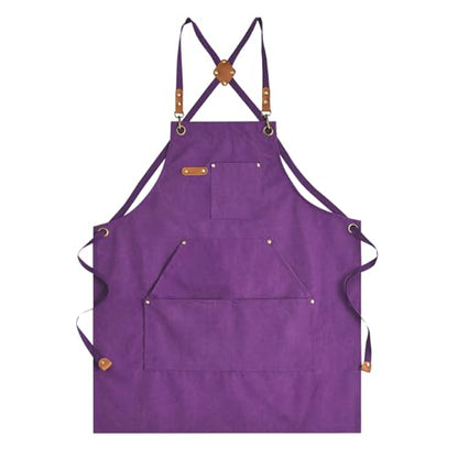 Aoomzoon Canvas Aprons for Men Chef Apron, Work Apron with Large Pockets - 16oz Heavy Duty Cross Back, BBQ, Cooking - color: Purple
