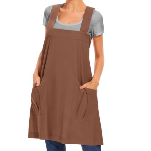 Larmliss Women's Cotton Cross Back Apron Pinafore Dress with Big Pockets Loose Square Apron for Baking Cooking Gardening - color: Brown, size: Large