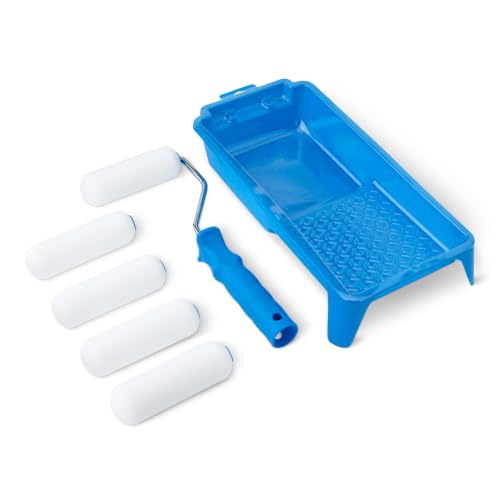 Amazon Basics Foam Paint Roller Kit, 4" Roller, 8 Pack, Complete Kit with Foam Covers, Frame, Tray and Liner for Professional Painting Results, Blue - size: Paint Roller Kit