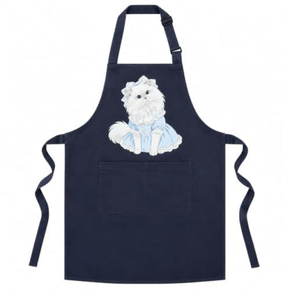 Unisex Cat Chef Apron, Adjustable Strap with Two Pockets | Thick waterproof fabric, machine washable. 27.5×31.5 in. Dual pockets for phones. Dual neck straps, long ties, cute cat print - color: Navy Blue