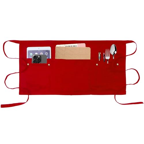 Server Apron with 5 Pockets - Rivet buckle Unisex Short/Half Waiter Waist Short Apron - color: Red
