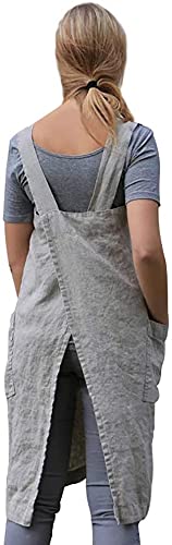 Apron for Womens Cotton Linen Apron Cross Back with Pockets Pinafore Dress for Baking Cooking - color: Dark Blue, size: Small