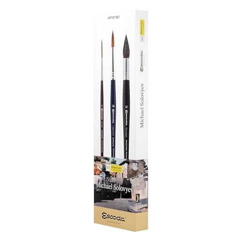 Escoda | Watercolour | Artist Set Michael Solovyev | Size 2,10,12 | 3 Brushes | Natural Synthetic | Tame + Toray-RMix (90% Gold Toray - 10% Red Sable) + Tendo | Rigger + Round Pointed + Round Mop - color: Michael Solovyev, size: Artist Set
