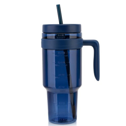 50 oz Tritan Plastic Tumblers with Lids and Straw | Leak-Proof BPA-Free Tumbler with Time Marker, Reusable for Iced Coffee, Tea, Juice, Boba, Smoothies, Wide Mouth - color: Navy Blue