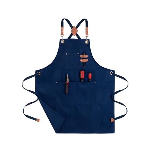 Chef Aprons for Men Canvas Apron with Large Pockets and Adjustable Neck Strap for Cooking,BBQ, Gardening - color: Blue