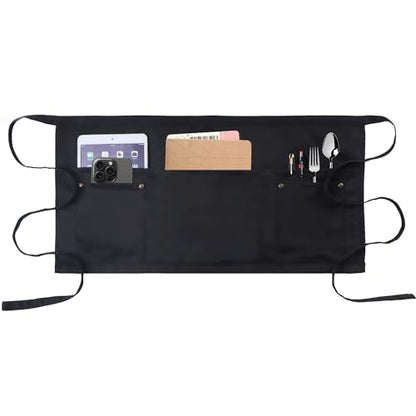 Server Apron with 5 Pockets - Rivet buckle Unisex Short/Half Waiter Waist Short Apron - color: Black