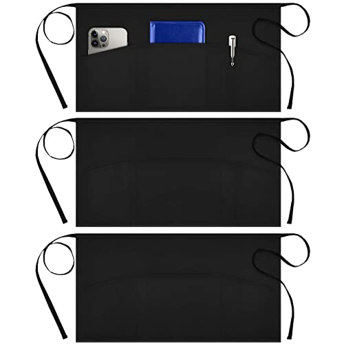 Syntus 3 Pack Server Apron with 3 Pockets for Men Women, Black Waist Apron