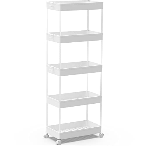 SPACEKEEPER 5 Tier Storage Rolling Cart, Bathroom Cart with Wheels, White | Mobile Storage Cart for Laundry Room Organization,Kitchen,Office,Bathroom, Utility Cart for Snack,Craft,Art,Makeup,Nail,Toys - color: White, size: 5 Tier