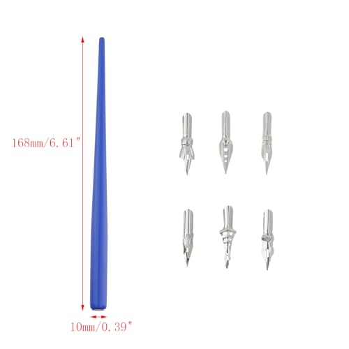 Dip Pen Set 1pcs Wooden Pen Nib Holder 6pcs Stainless Steel Replacement Fountain Pen Nibs for Calligraphy Drawing Signing Sketch Painting Writing (Blue) - color: Blue