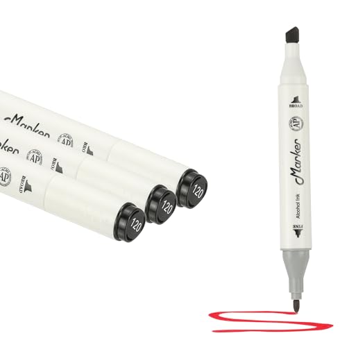 PATIKIL Dual Tip Markers, 3 Pcs Dual Tip Alcohol Markers Set White Barrel with Brush Tip and Fine Tip for Illustration Artist Adult Coloring Drawing Permanent Sketching, Black - color: Black