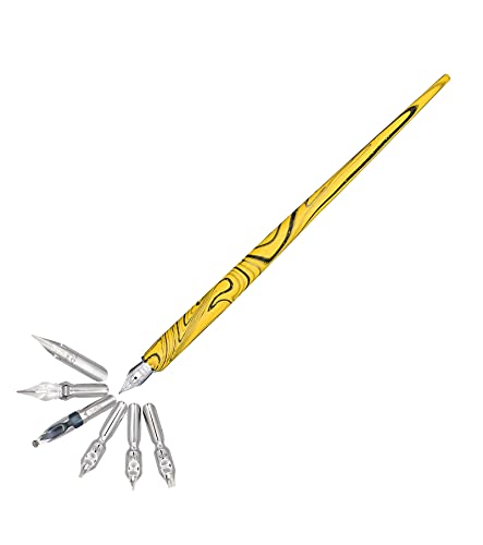 Gullor Wooden Dip Pen Calligraphy Set with Black Ink & 6 Nibs for Beginners, Kids, Writing, Signatures and Drawing, Yellow