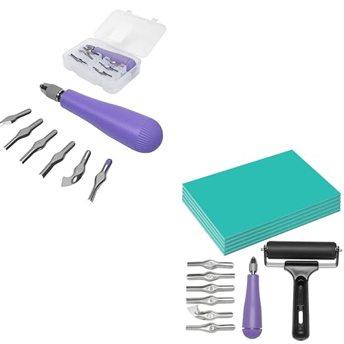 UCEC 1+7 Pack Linocut Carving Tools Linoleum Cutter & Linocut Block Printing Kit – Includes 5 Soft 4" x 6" Linoleum Blocks and Lino Cutting Tools with 6 Blades Universal Size, 4’’ Brayer Roller, Compl