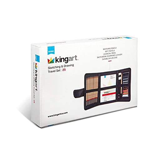 KINGART DRAWING & SKETCHING 25 pc. TRAVEL SET, Graphite, and Charcoal Pencils & Pastels plus Supplies, Art Drawing Kit for Adults, Teens, Beginner to Pro, Ideal for Shading, Blending, 25 pc.